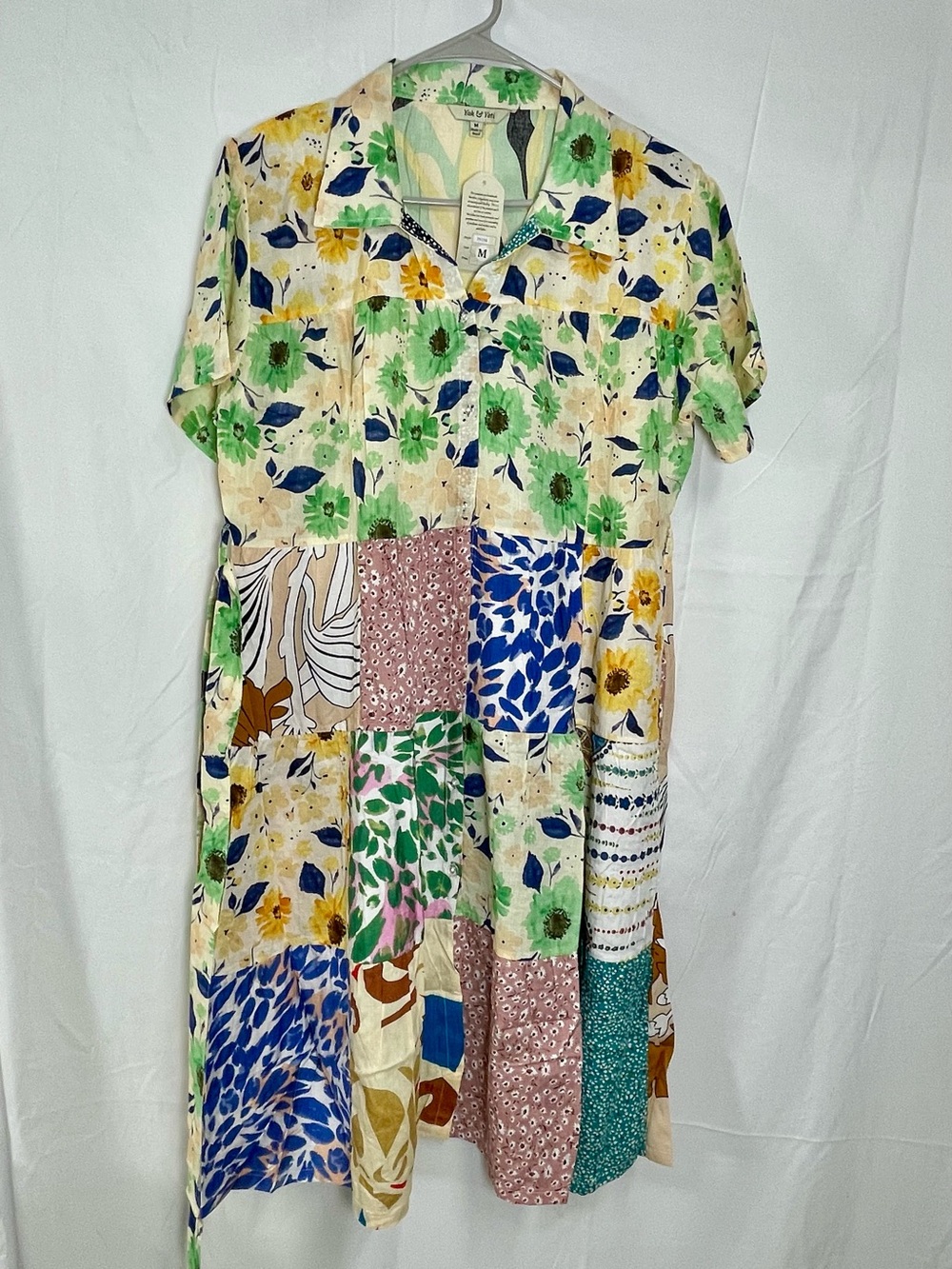 Yak N Yeti Patchwork Floral Button-Front Midi Dress - Multicolor Size Medium